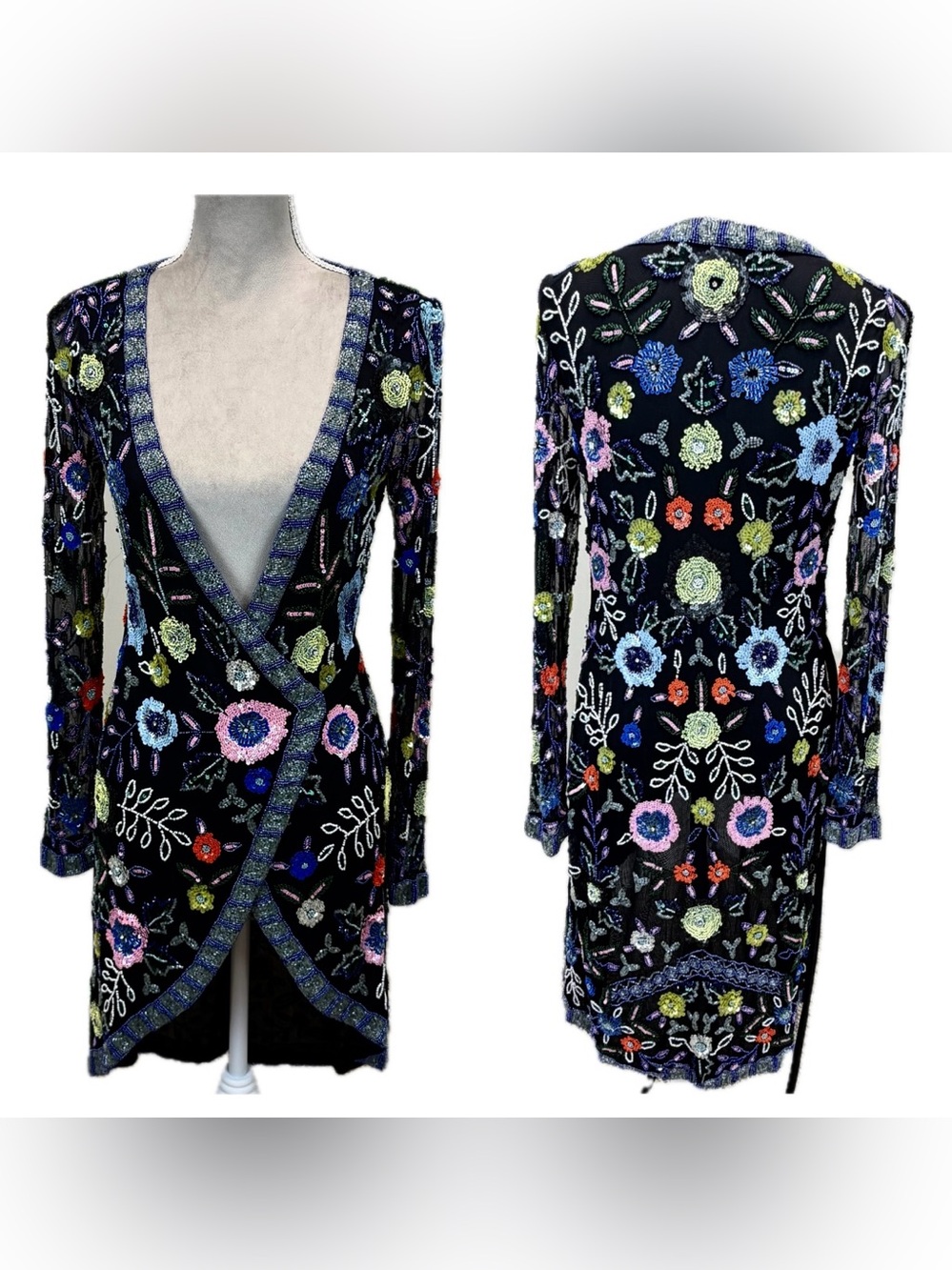 Diamond For Eden Beaded Floral Mesh Wrap Dress 1 / S Sequin Embellished Luxury